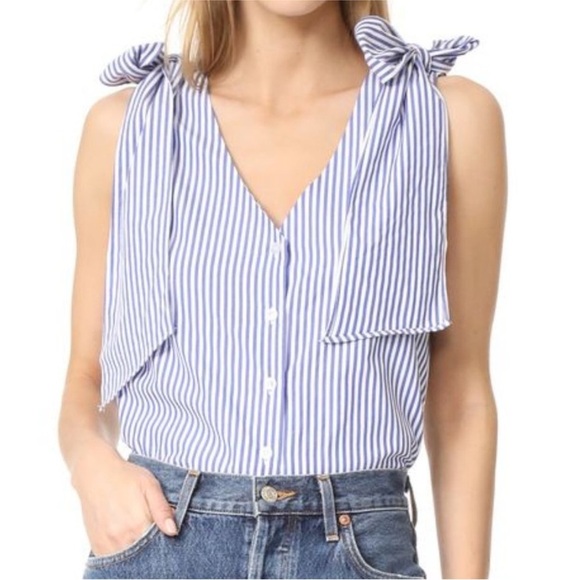 NEW J.O.A. STRIPED BLUE WHITE SLEEVELESS BOW TIE DETAIL TOP BLOUSE L - Picture 8 of 12